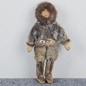 Vintage Inuit Fur Doll 11" Handmade Alaska Native Wood Face Leather Mid Century